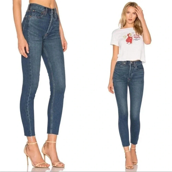 Redone high rise ankle crop denim in aged blue wash - Picture 1 of 13